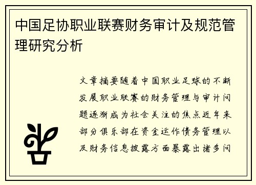 中国足协职业联赛财务审计及规范管理研究分析