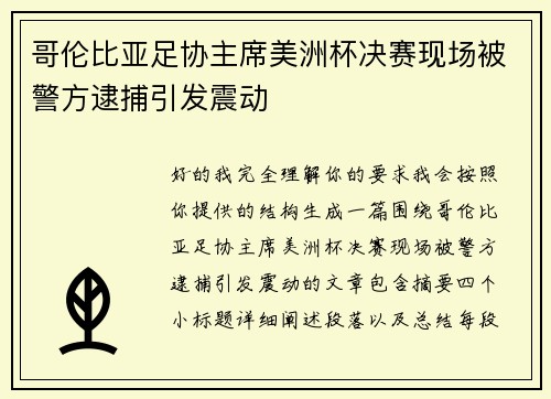 哥伦比亚足协主席美洲杯决赛现场被警方逮捕引发震动