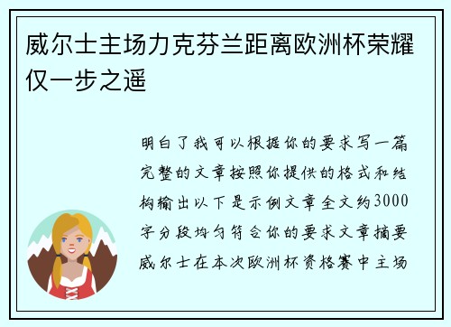 威尔士主场力克芬兰距离欧洲杯荣耀仅一步之遥