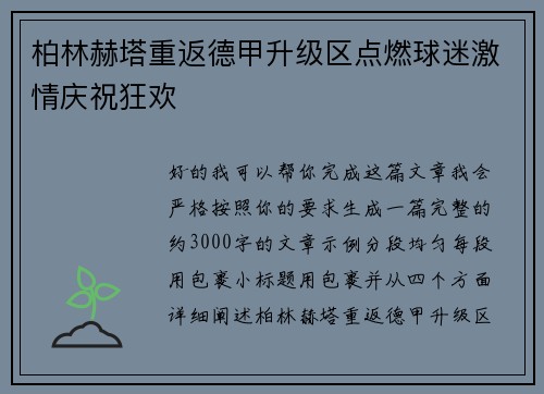 柏林赫塔重返德甲升级区点燃球迷激情庆祝狂欢